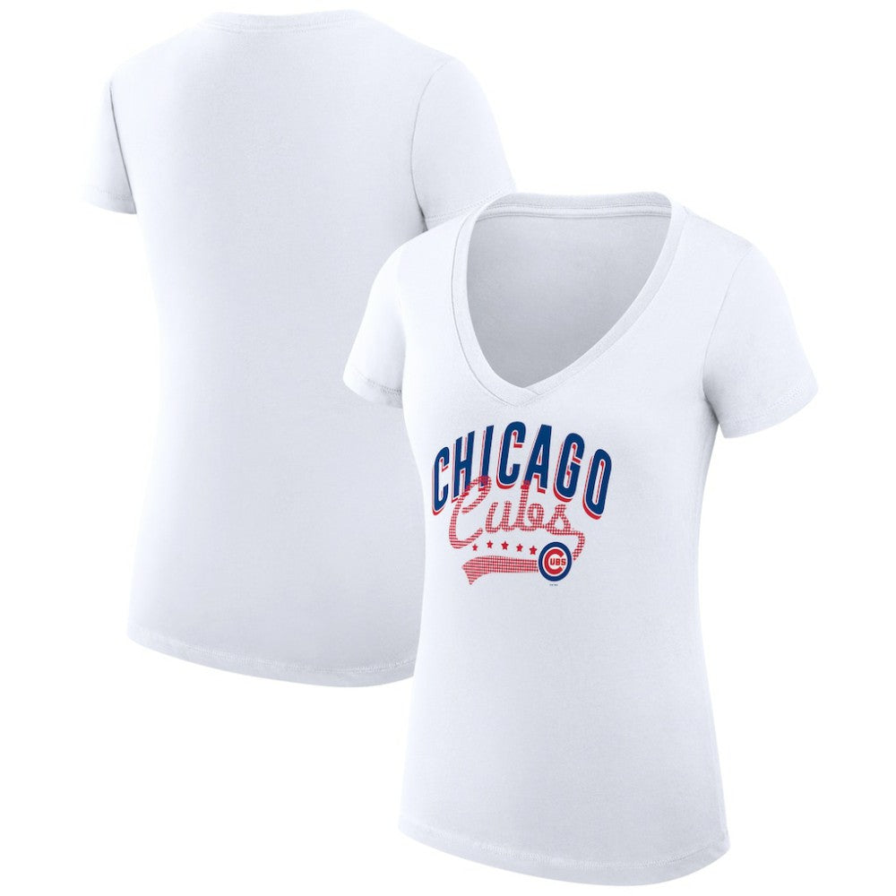 Chicago Cubs G-III 4Her by Carl Banks Women's Super-Slim Fit Lightweight Filigree Team V-Neck T-Shirt - White T-shirts