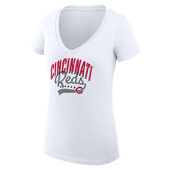 Cincinnati Reds G-III 4Her by Carl Banks Women's Super-Slim Fit Lightweight Filigree Team V-Neck T-Shirt - White T-shirts