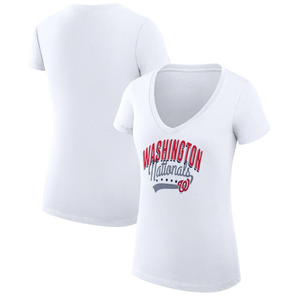 Washington Nationals G-III 4Her by Carl Banks Women's Super-Slim Fit Lightweight Filigree Team V-Neck T-Shirt - White T-shirts