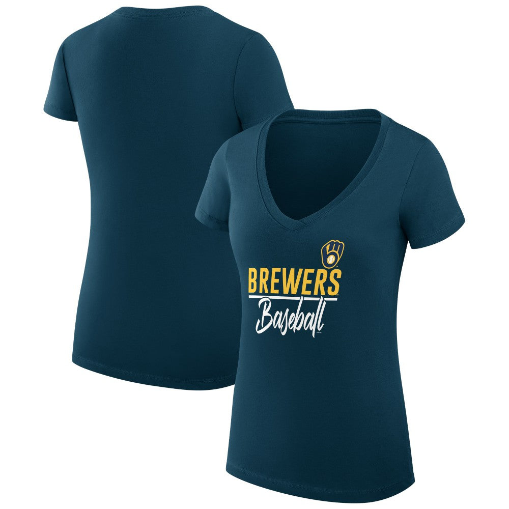 Milwaukee Brewers G-III 4Her by Carl Banks Women's Super-Slim Fit Lightweight Team Graphic V-Neck T-Shirt - Navy T-shirts
