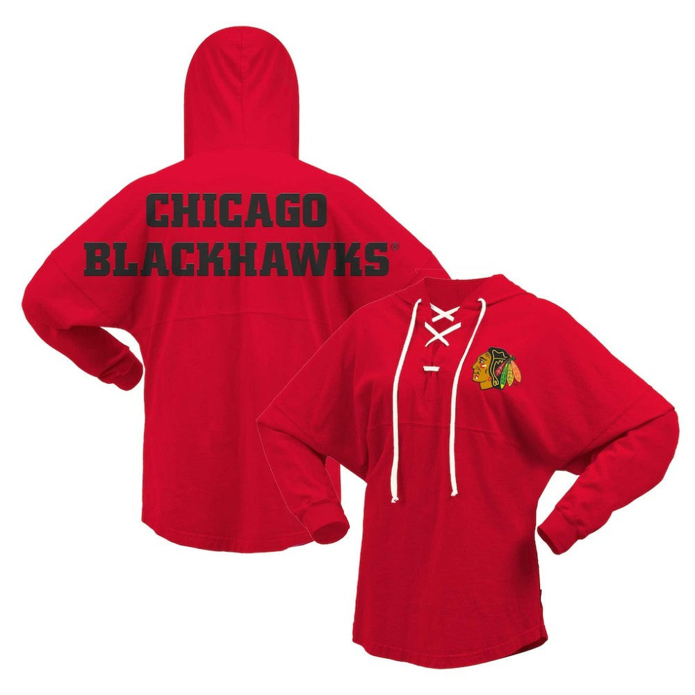 NHL Chicago Blackhawks Fanatics Women's Jersey Lace-Up V-Neck Long Sleeve Hoodie T-Shirt - Red