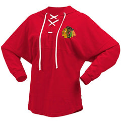 NHL Chicago Blackhawks Fanatics Women's Jersey Lace-Up V-Neck Long Sleeve Hoodie T-Shirt - Red