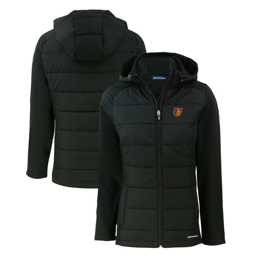 Baltimore Orioles Cutter & Buck Women's Evoke Hybrid Eco Softshell Recycled Full-Zip Hoodie Jacket - Black Jackets