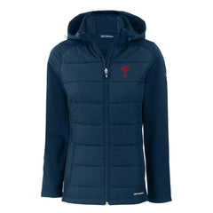 Philadelphia Phillies Cutter & Buck Women's Evoke Hybrid Eco Softshell Recycled Full-Zip Hoodie Jacket - Navy Jackets