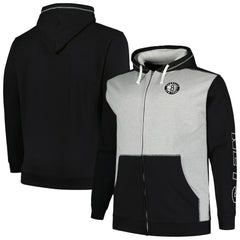 Brooklyn Nets Big & Tall Contrast Pieced Stitched Full-Zip Hoodie Black/Heather Gray