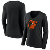 Baltimore Orioles Fanatics Women's Official Logo V-Neck Long Sleeve T-Shirt - Black T-shirts