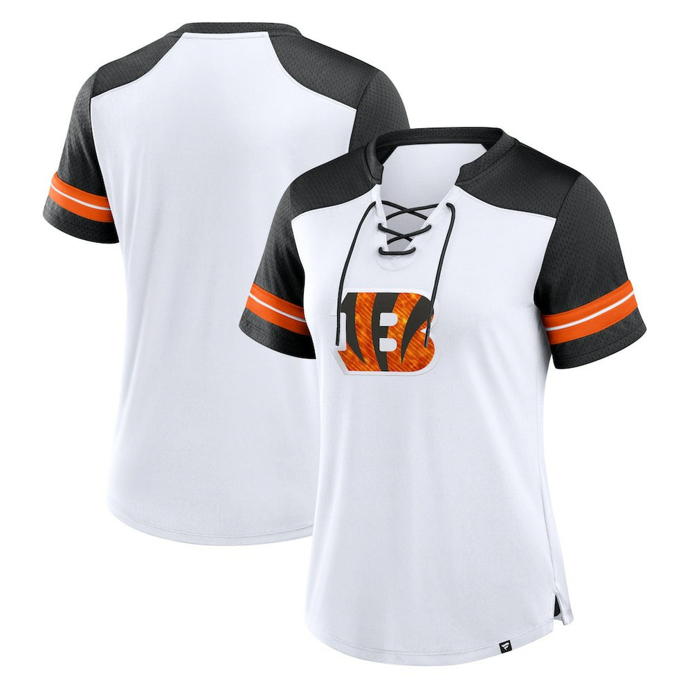 Cincinnati Bengals Women's Foiled Primary Lace-Up T-Shirt White/Black
