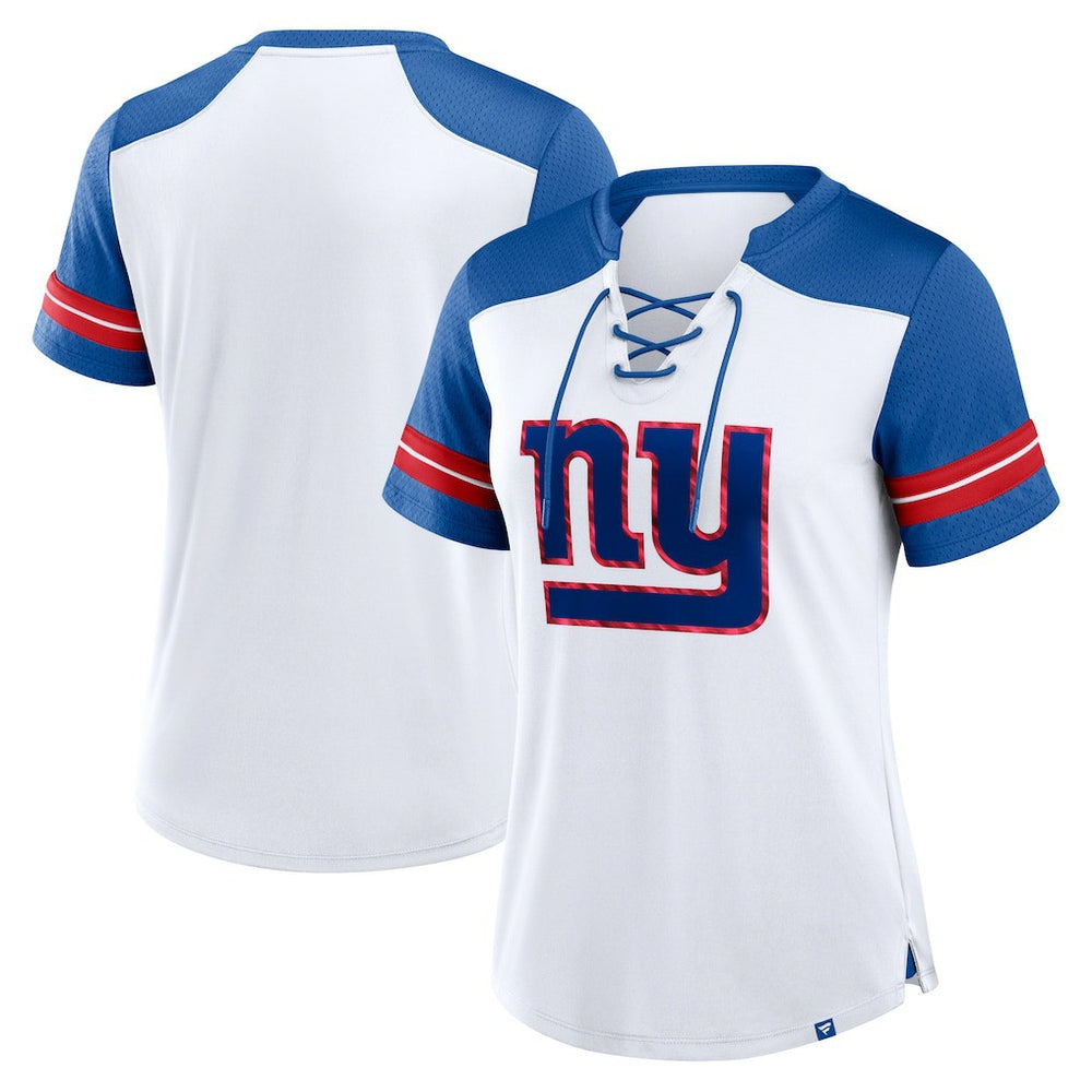 New York Giants Women's Foiled Primary Lace-Up T-Shirt White/Royal