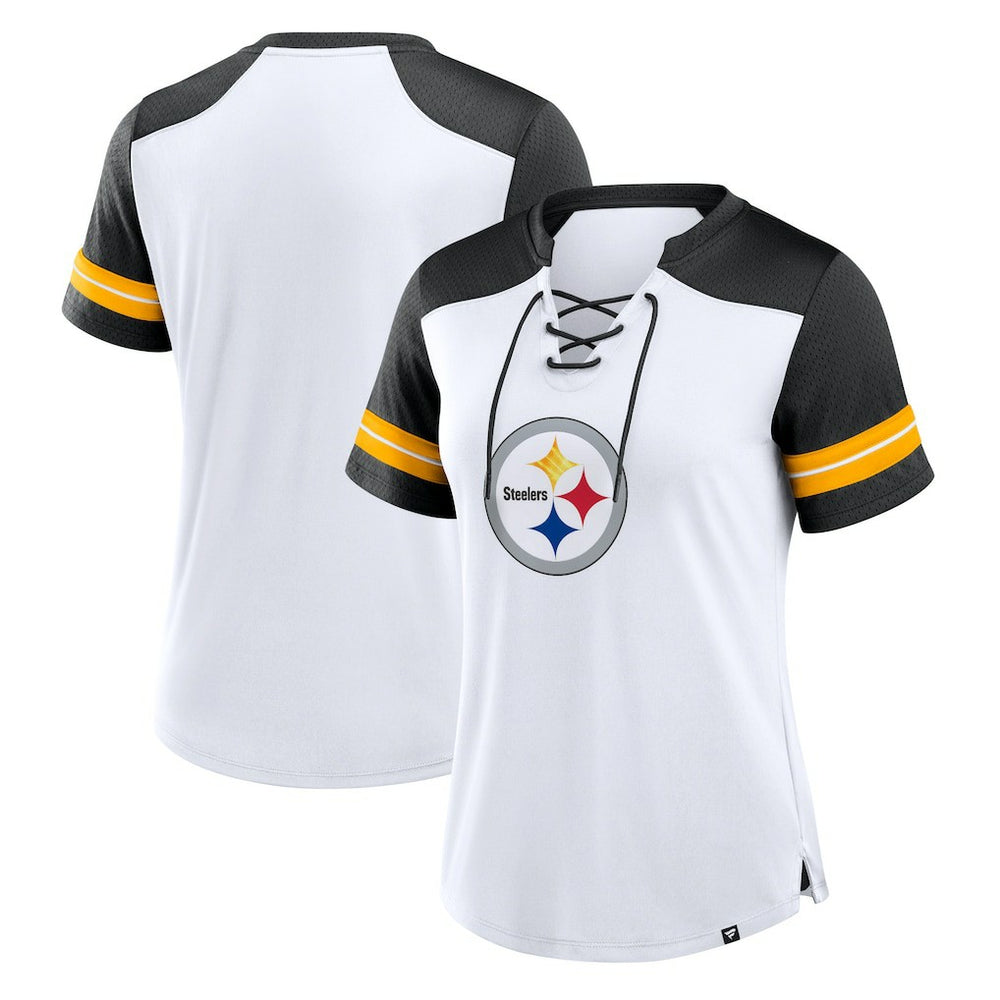 Pittsburgh Steelers Women's Foiled Primary Lace-Up T-Shirt White/Black