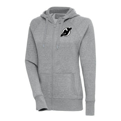 NHL New Jersey Devils Antigua Women's Metallic Logo Victory Full-Zip Hoodie - Heather Gray