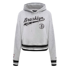 Brooklyn Nets Pro Standard Women's Script Tail Cropped Pullover Hoodie Heather Gray