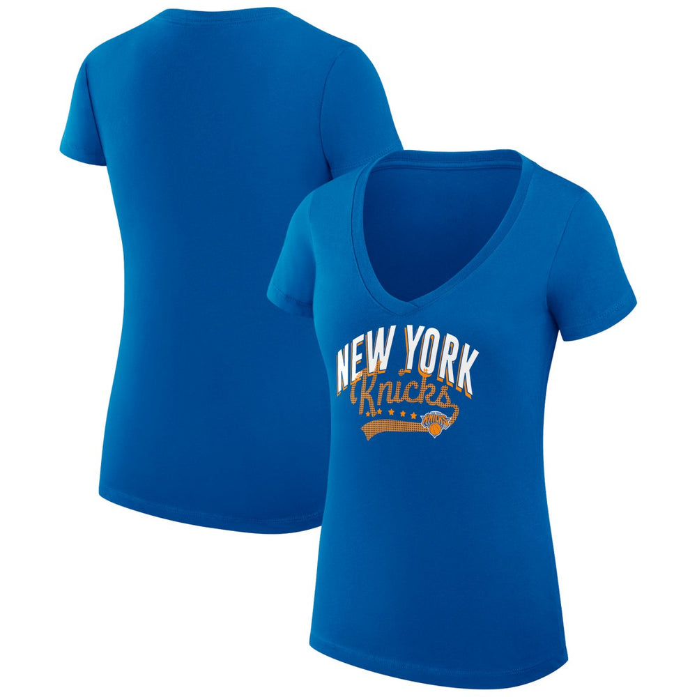 New York Knicks G-III 4Her by Carl Banks Women's Super-Slim Fit Lightweight Filigree Logo V-Neck T-Shirt Blue