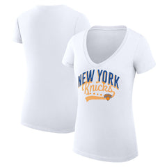 New York Knicks G-III 4Her by Carl Banks Women's Super-Slim Fit Lightweight Filigree Logo V-Neck T-Shirt - White