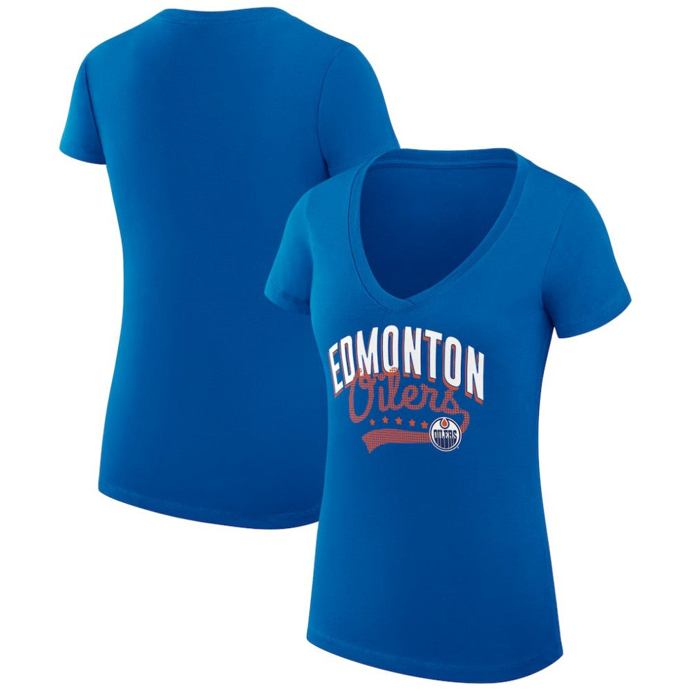 NHL Edmonton Oilers G-III 4Her by Carl Banks Women's Super-Slim Fit Lightweight Filigree Logo V-Neck T-Shirt – Royal
