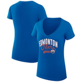 NHL Edmonton Oilers G-III 4Her by Carl Banks Women's Super-Slim Fit Lightweight Filigree Logo V-Neck T-Shirt – Royal