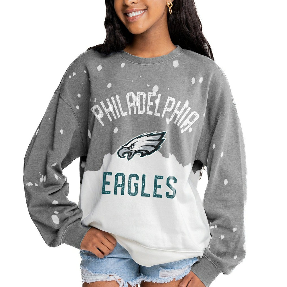 Philadelphia Eagles Gameday Couture Women's Oversized Coin Toss Faded French Terry Tri-Blend Pullover Sweatshirt Gray