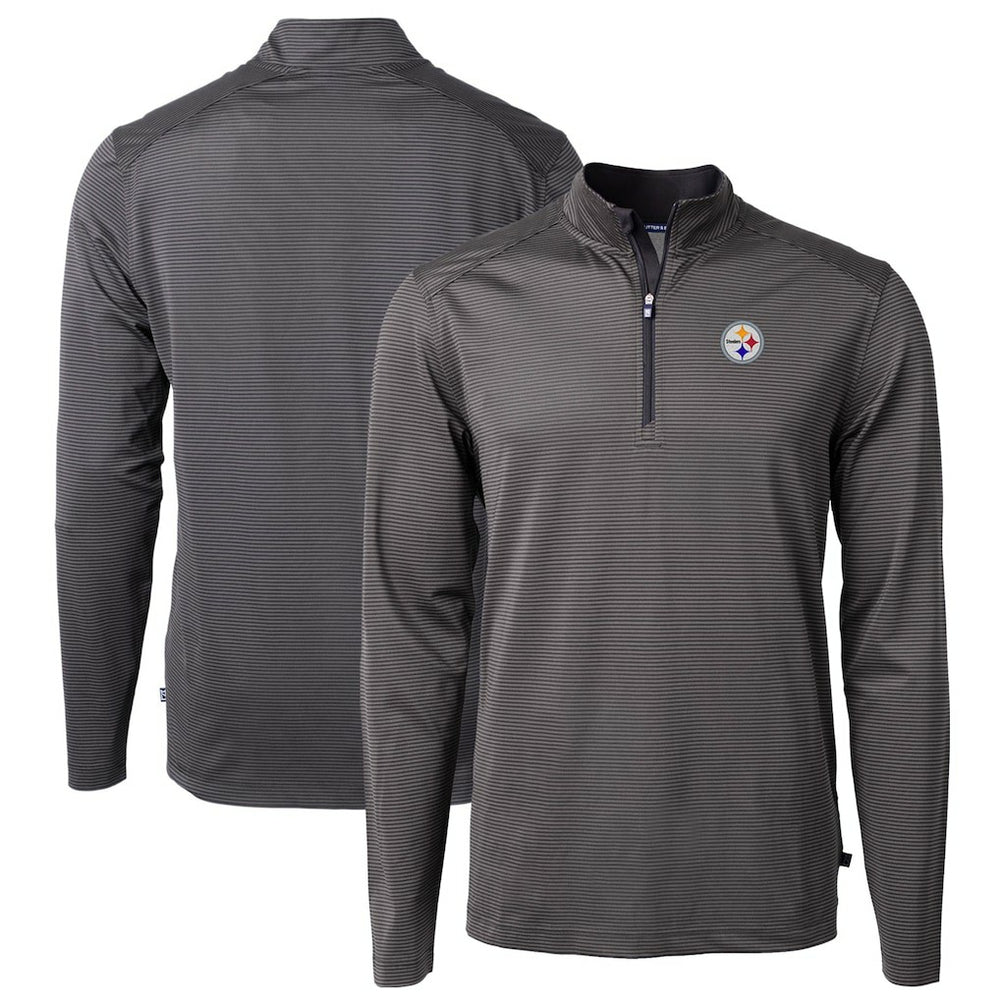 Pittsburgh Steelers Cutter & Buck Virtue Eco Pique Micro Stripe Recycled Quarter-Zip Pullover Top Black/Gray