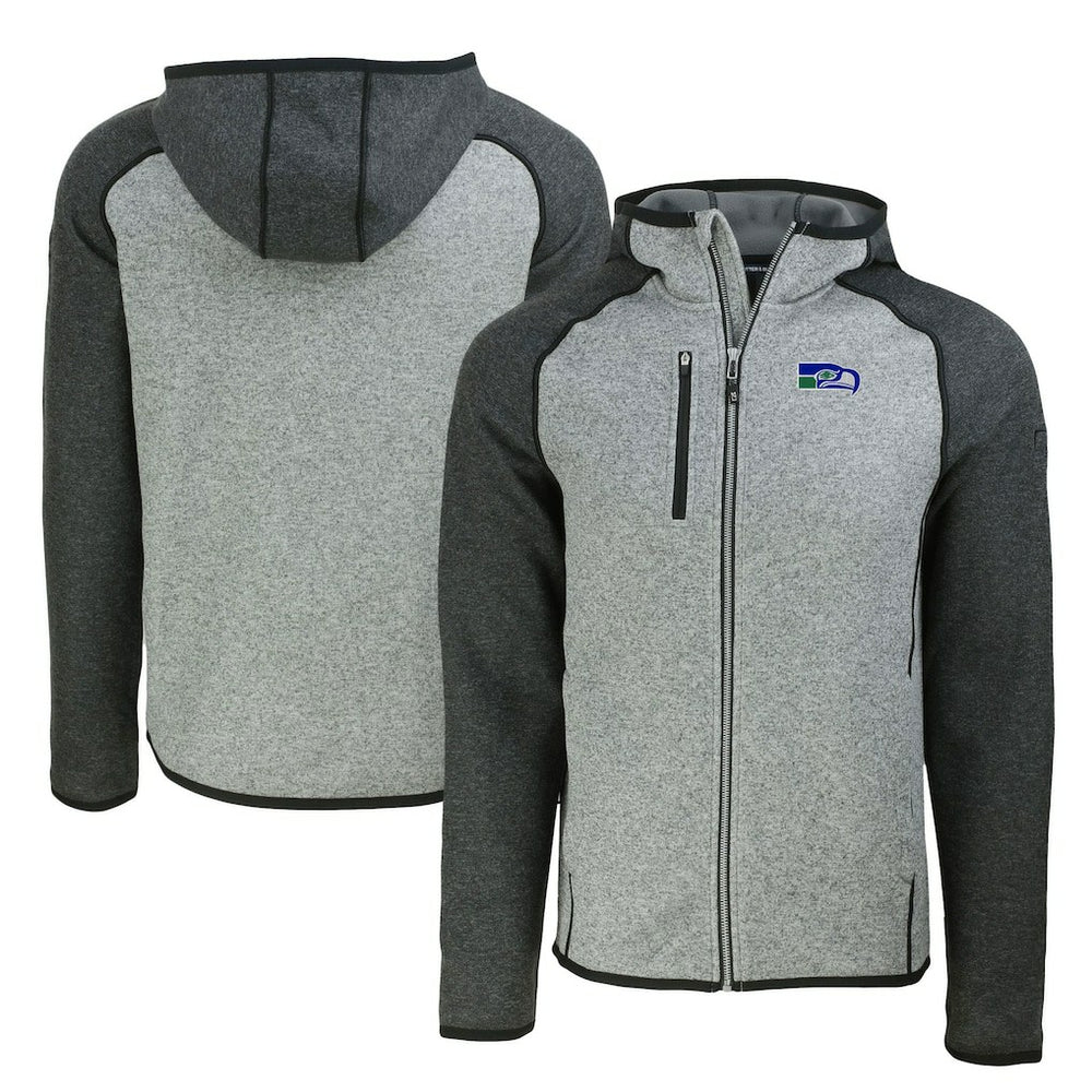 Seattle Seahawks Cutter & Buck Throwback Mainsail Sweater-Knit Full-Zip Hoodie Heather Gray/Heather Charcoal