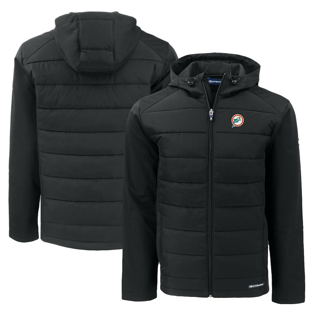 Miami Dolphins Cutter & Buck Throwback Evoke Hybrid Eco Softshell Recycled Full-Zip Hoodie Jacket Black