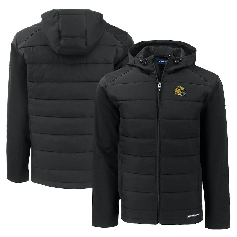 Green Bay Packers Cutter & Buck Helmet Evoke Hybrid Eco Softshell Recycled Full-Zip Hoodie Jacket Black