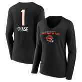 Ja'Marr Chase Cincinnati Bengals Women's Team Wordmark Player Name & Number Long Sleeve V-Neck T-Shirt Black