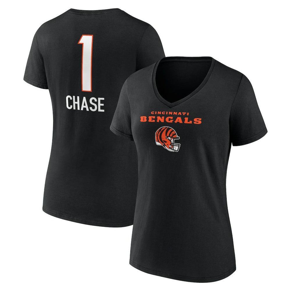 Ja'Marr Chase Cincinnati Bengals Women's Team Wordmark Player Name & Number V-Neck T-Shirt Black