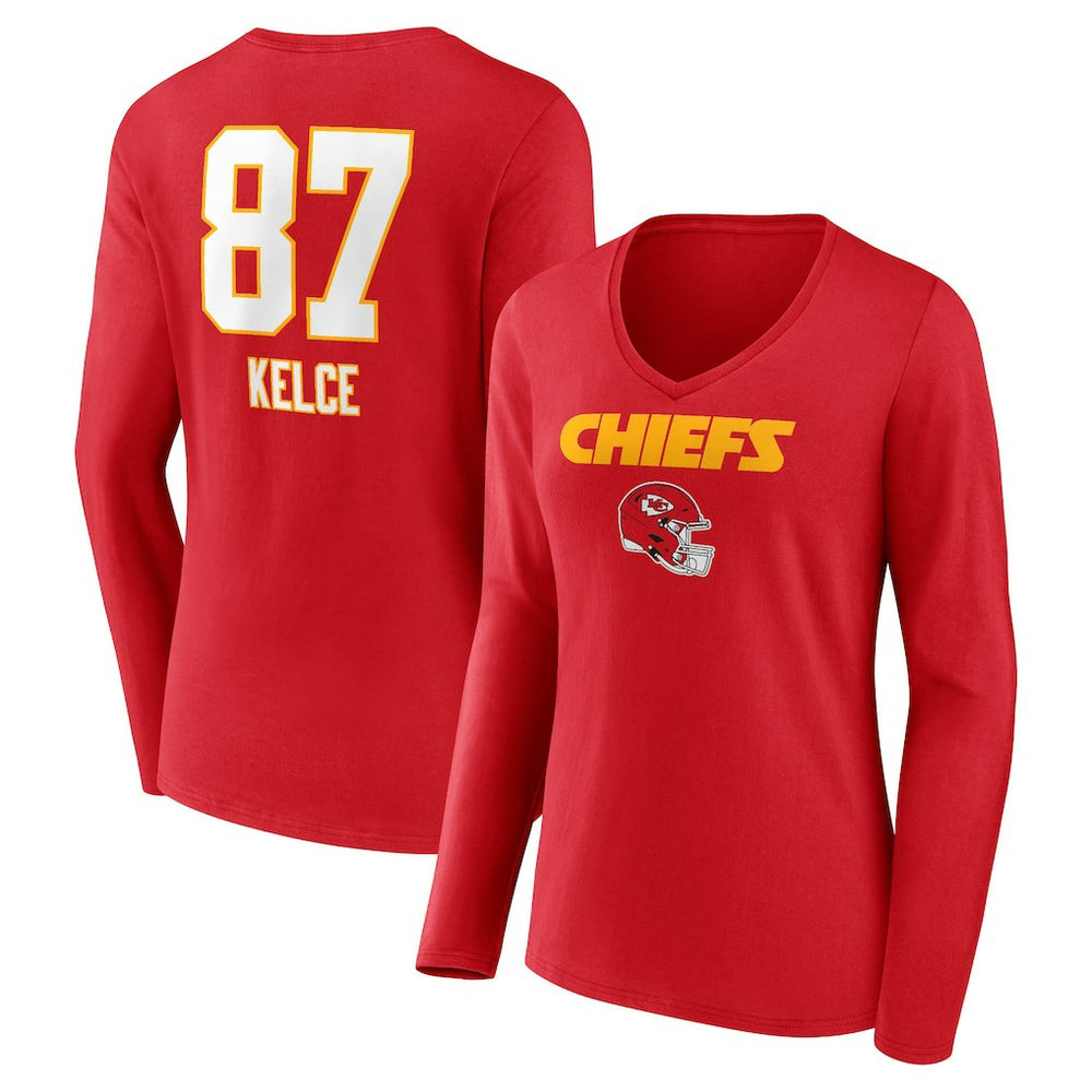 Travis Kelce Kansas City Chiefs Women's Team Wordmark Player Name & Number Long Sleeve V-Neck T-Shirt Red