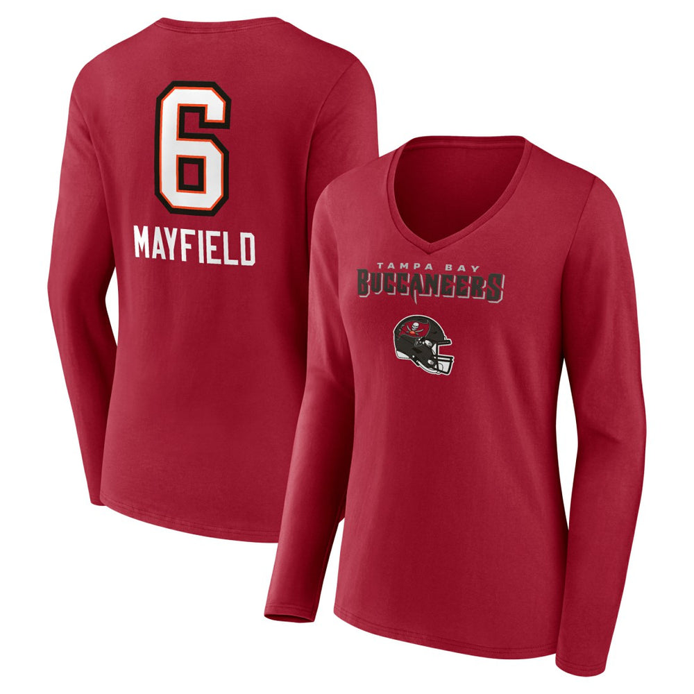Baker Mayfield Tampa Bay Buccaneers Women's Team Wordmark Player Name & Number Long Sleeve V-Neck T-Shirt Red