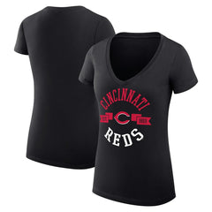 Cincinnati Reds G-III 4Her by Carl Banks Women's Super-Slim Fit Lightweight City Graphic V-Neck T-Shirt - Black T-shirts