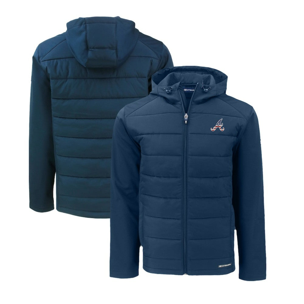 Atlanta Braves Cutter & Buck Stars & Stripes Evoke Hybrid Eco Softshell Recycled Full-Zip Hoodie Jacket - Navy Jackets