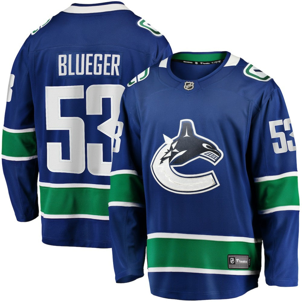 NHL Teddy Blueger Vancouver Canucks Fanatics Home Breakaway Jersey - Blue