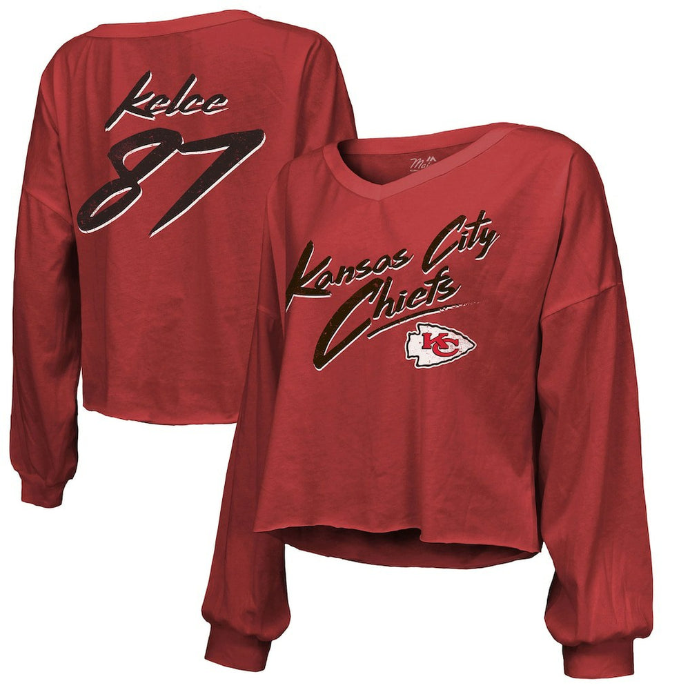 Travis Kelce Kansas City Chiefs Majestic Threads Women's Name & Number Off-Shoulder Script Cropped Long Sleeve V-Neck T-Shirt Red