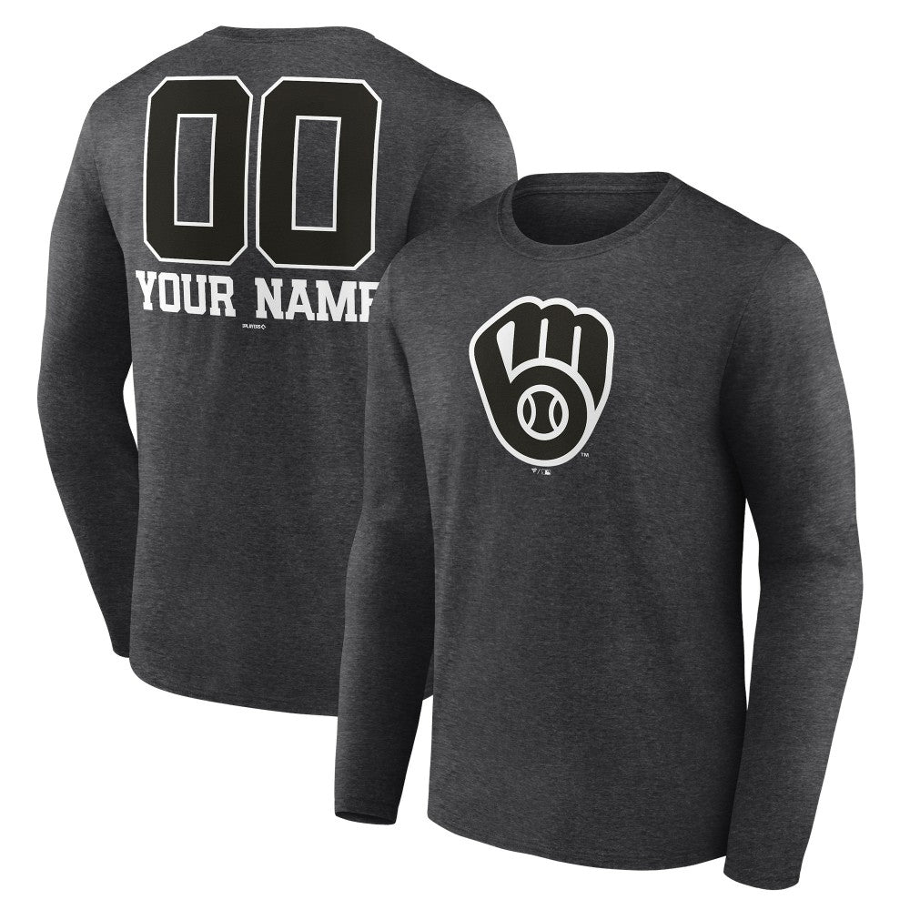 Milwaukee Brewers Personalized Monochrome Name & Number Long Sleeve T-Shirt - Charcoal T-shirts