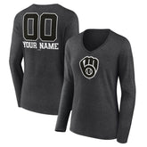 Milwaukee Brewers Women's Personalized Monochrome Name & Number Long Sleeve V-Neck T-Shirt - Charcoal T-shirts