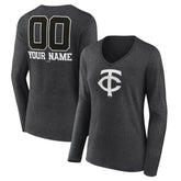 Minnesota Twins Women's Personalized Monochrome Name & Number Long Sleeve V-Neck T-Shirt - Charcoal T-shirts