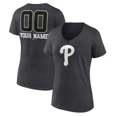 Philadelphia Phillies Women's Personalized Monochrome Name & Number V-Neck T-Shirt - Charcoal T-shirts