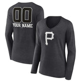 Pittsburgh Pirates Women's Personalized Monochrome Name & Number Long Sleeve V-Neck T-Shirt - Charcoal T-shirts
