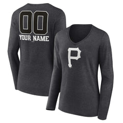 Pittsburgh Pirates Women's Personalized Monochrome Name & Number Long Sleeve V-Neck T-Shirt - Charcoal T-shirts