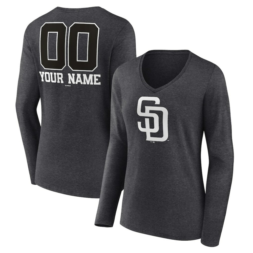 San Diego Padres Women's Personalized Monochrome Name & Number Long Sleeve V-Neck T-Shirt - Charcoal T-shirts