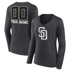 San Diego Padres Women's Personalized Monochrome Name & Number Long Sleeve V-Neck T-Shirt - Charcoal T-shirts