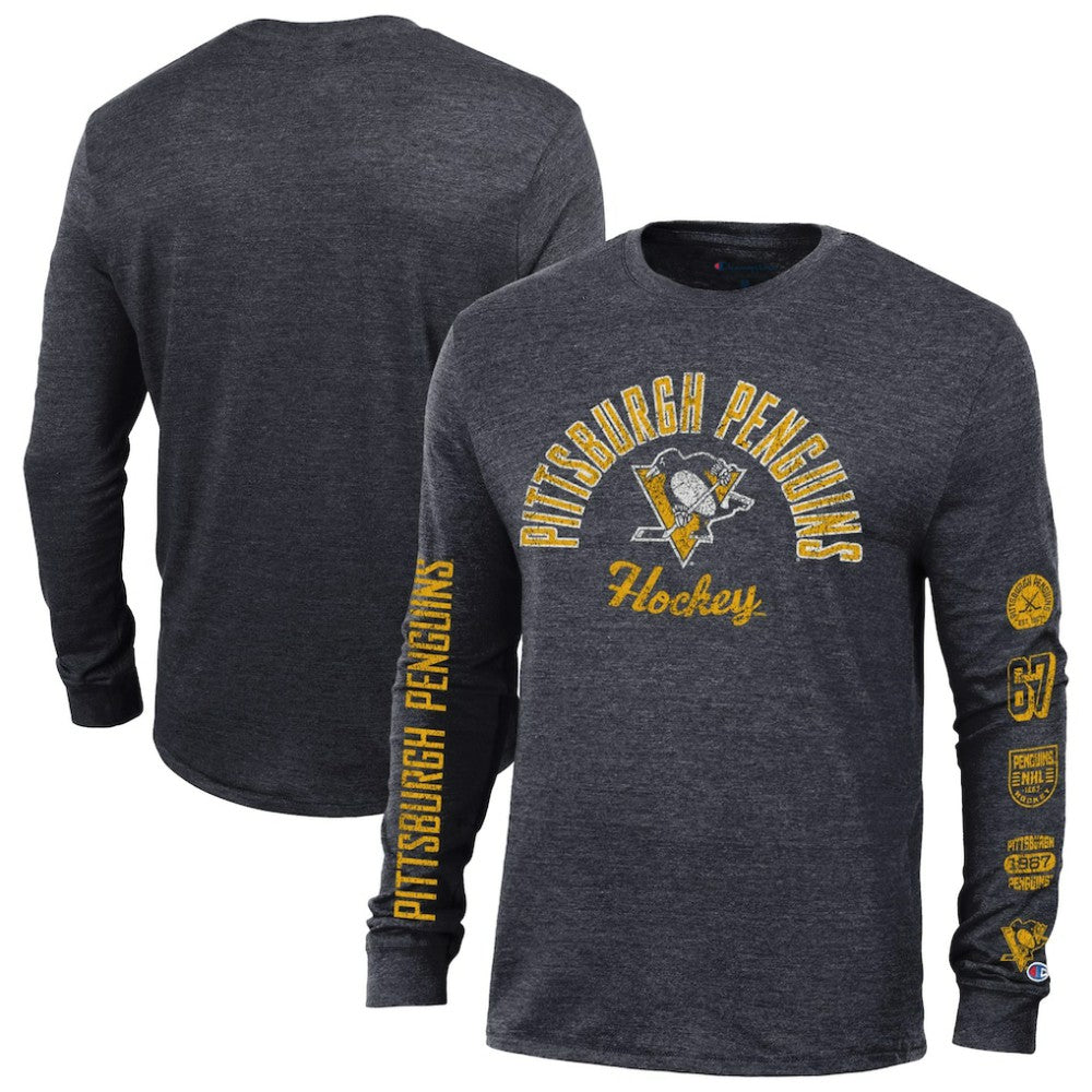 NHL Pittsburgh Penguins Champion Multi-Logo Tri-Blend Long Sleeve T-Shirt - Heather Black