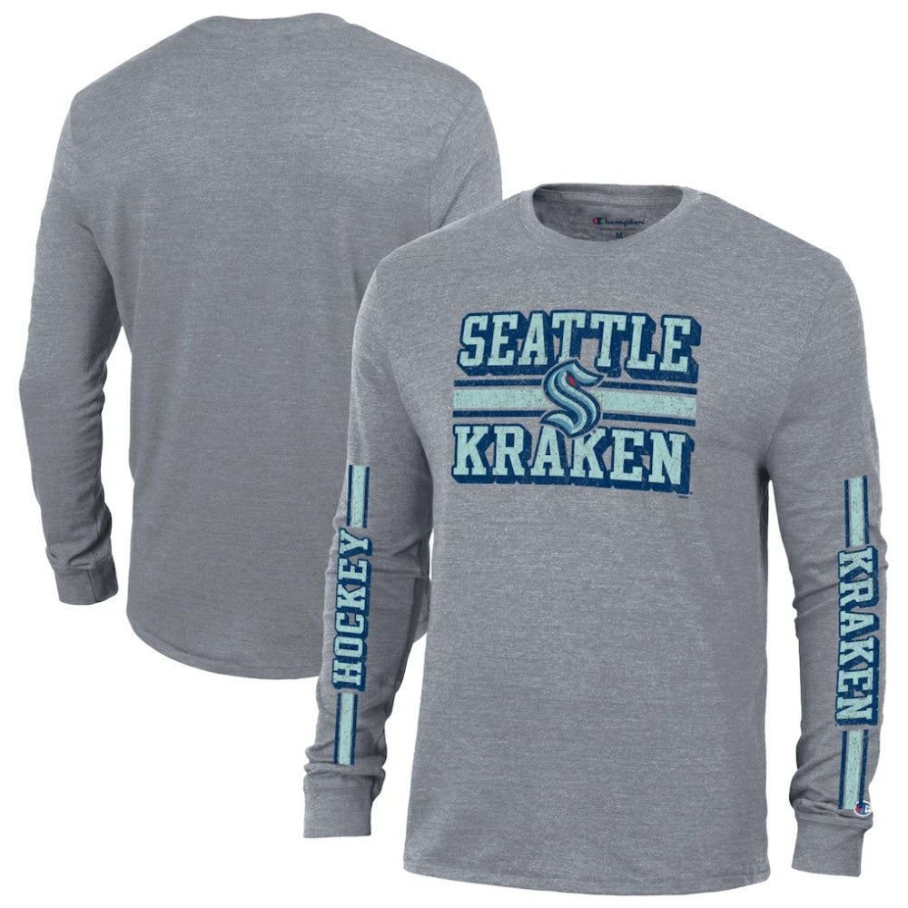 NHL Seattle Kraken Champion Tri-Blend Dual-Stripe Long Sleeve T-Shirt - Heather Gray