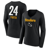 Joey Porter Jr. Pittsburgh Steelers Women's Team Wordmark Player Name & Number Long Sleeve V-Neck T-Shirt Black