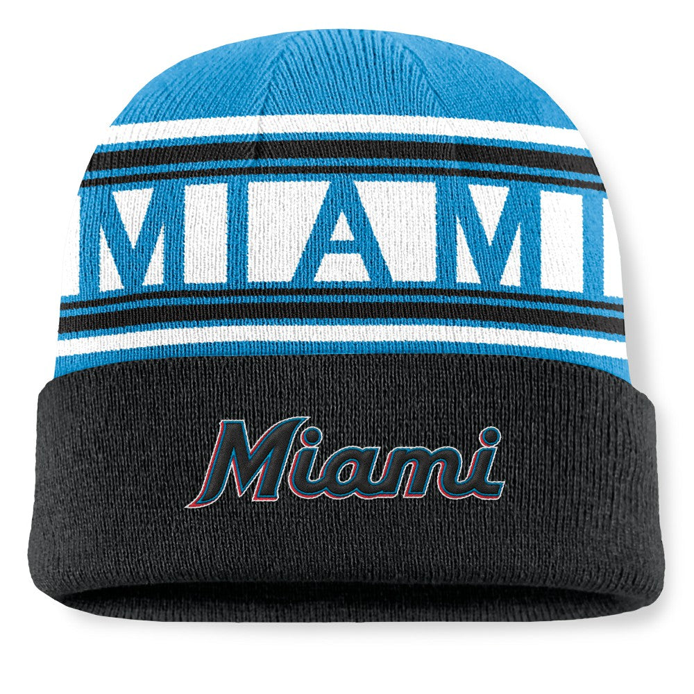 Miami Marlins Fanatics Fundamental Team Stripe Cuffed Knit Hat - Black Hats