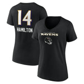 Kyle Hamilton Baltimore Ravens Women's Team Wordmark Player Name & Number V-Neck T-Shirt Black