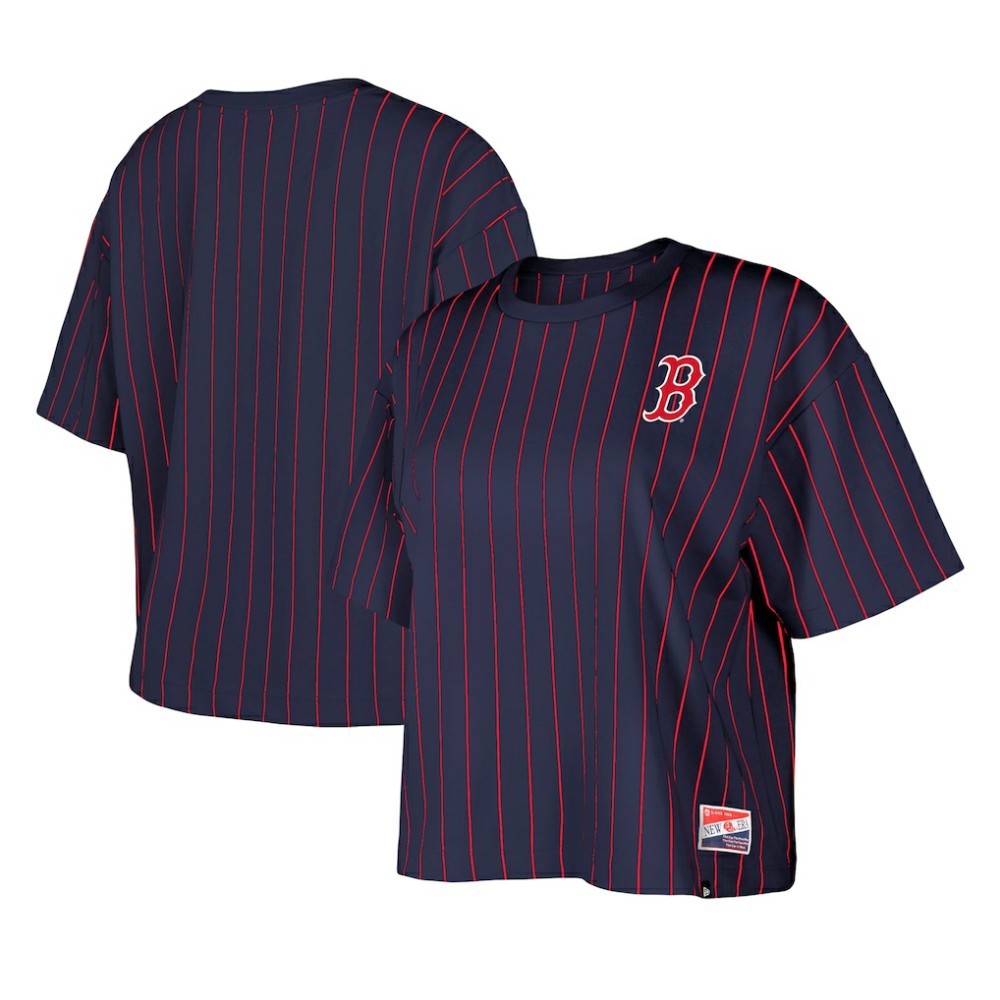 Boston Red Sox New Era Women's Boxy Pinstripe T-Shirt - Navy T-shirts
