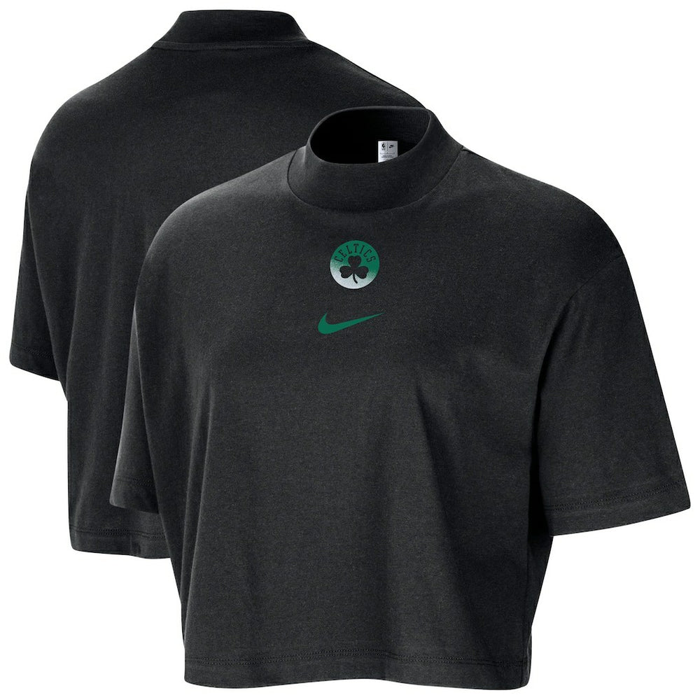 Boston Celtics Women's Courtside Mock Neck Loose Fit Cropped T-Shirt Black