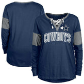Dallas Cowboys New Era Women's Lace-Up Notch-Neck Long Sleeve T-Shirt Navy