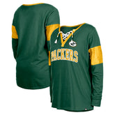 Green Bay Packers New Era Women's Lace-Up Notch-Neck Long Sleeve T-Shirt Green