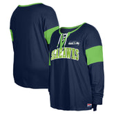 Seattle Seahawks New Era Women's Plus Size Lace-Up Notch Neck Long Sleeve T-Shirt College Navy